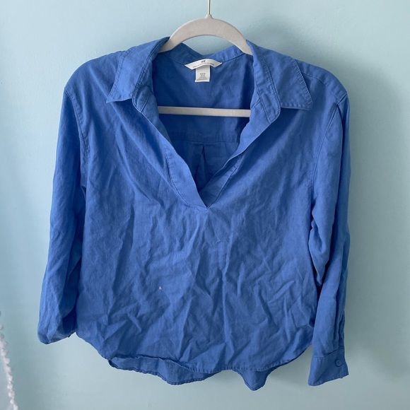 Blue linen popover shirt/ blouse long sleeve and collared - Picture 1 of 3